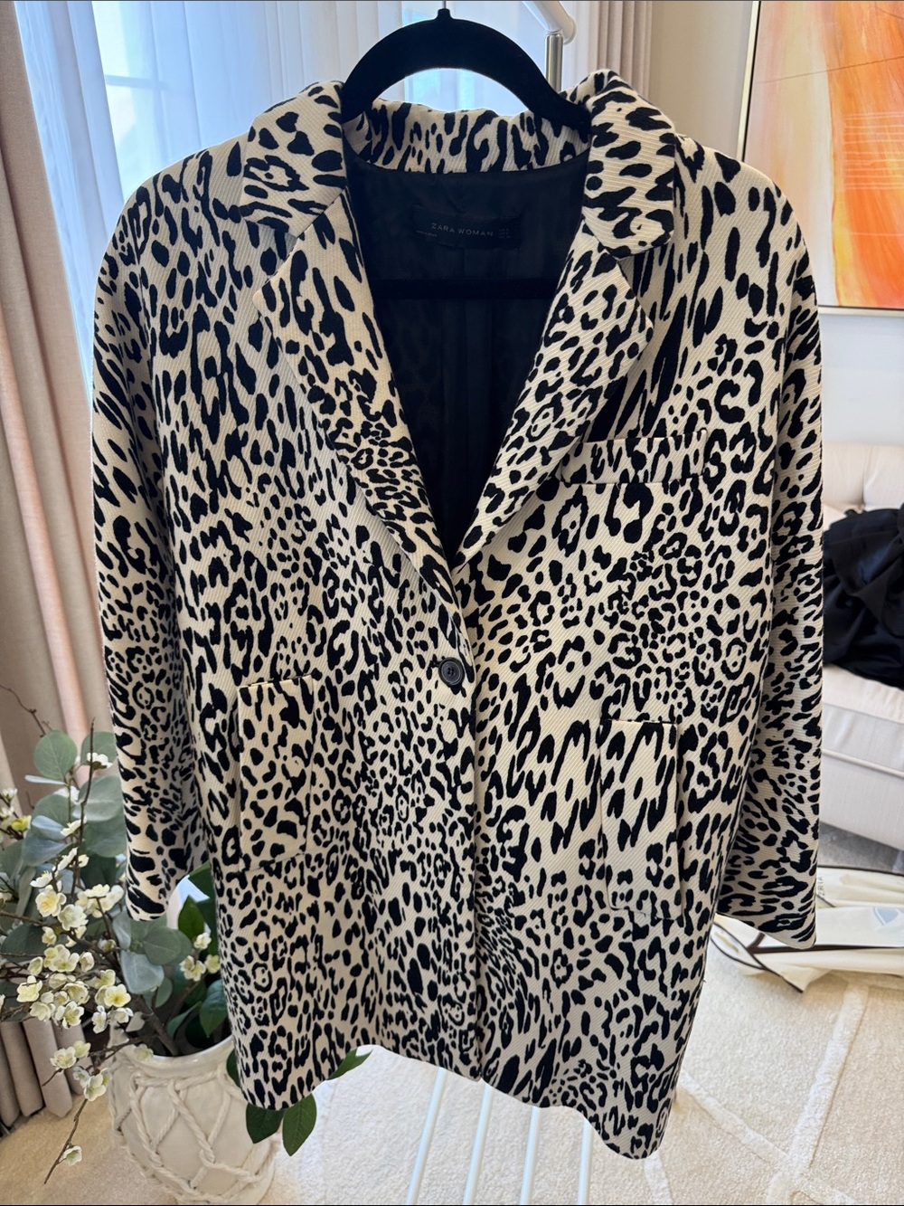 Zara Black and Cream Leopard-Print Blazer Jacket
